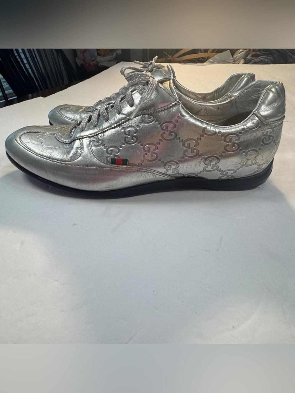 Gucci Guccissima Silver Leather Low Top Sneakers Size 39.5 Designer Shoes - Picture 2 of 12